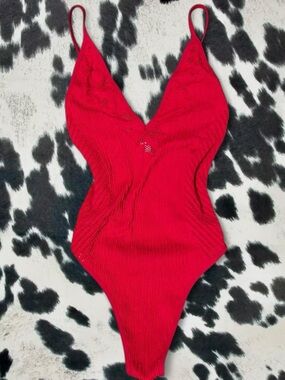 Red Ribbed One-Piece Bodysuit with V-Neck